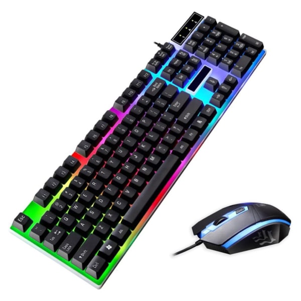 Mekanisk gaming-tastatur og mussæt, Rainbow LED, USB-kablet skrivebordskombination (sort)