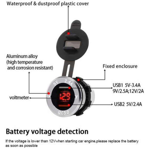 2in1 Auton pikalaturi Puhelinpistorake Kaksi USB-porttia Jännitteen näyttö 12-24V Punainen
