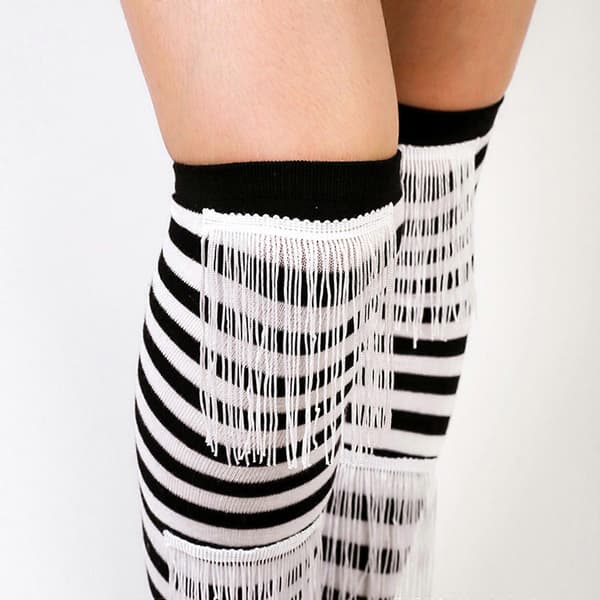 Over-knee lange strømper til kvinder og piger med kvaster, patchwork, julestribede lårhøje strømper til fest og kostume, sort Black