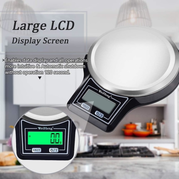 Köksvåg 5Kg/0,1g[Uppgradering], Elektronisk matvåg med hög precision, plattform i rostfritt stål med multifunktion för vägning, LCD-skärm,
