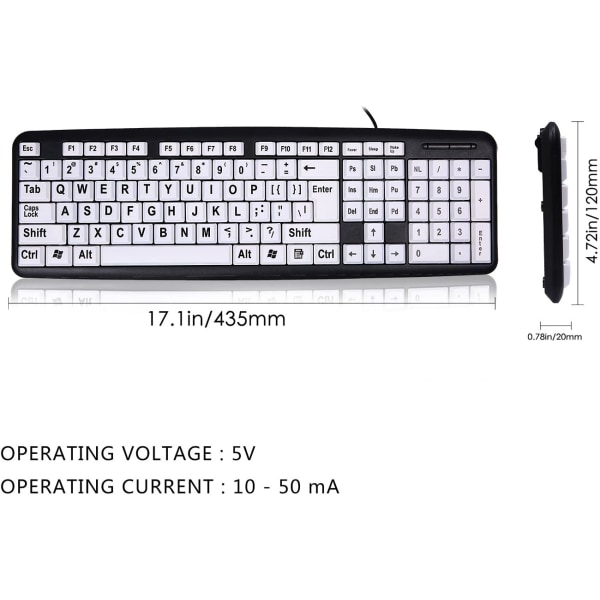 Trådbundet tangentbord med stora bokstäver och stor text