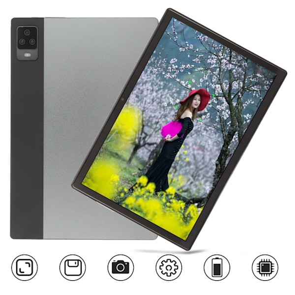 10-tums Tablet för Android 12 8-kärnig CPU 8GB RAM 256GB ROM 5G WiFi IPS-skärm Samtalstablet med Dubbla Kameror 100‑240V Grå EU-kontakt