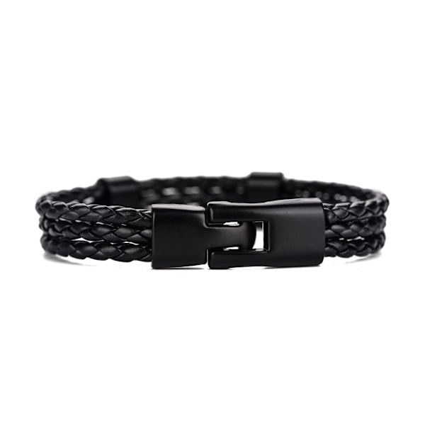 Men Male PU Strap Alloy Buckle Knitting Knitted Multilayer Bracelet Wristband (Black)