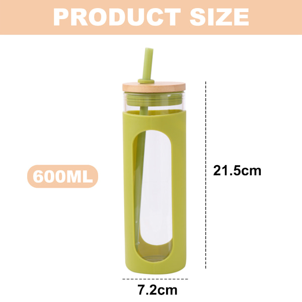 600 ml:n lasinen juomapullo, jossa bambukansi ja pilli, läikyttämätön lasipullo, jossa silikonisuojus, ilman BPA:ta.
