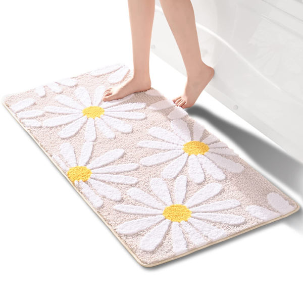 Blå bademåtte sød tusindfryd bademåtte skridsikker vaskbar bademåtte hvid og gul blomst bademåtte blød brusebadsmåtte absorberende bademåtte 60x120cm