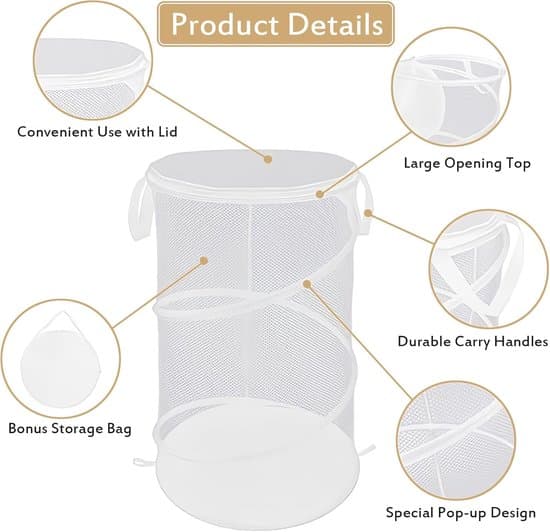 Two-Piece Set - Pop-Up Mesh Laundry Hamper - Foldable Laundry Basket - Collapsible Laundry Hamper with Handles - Black and White