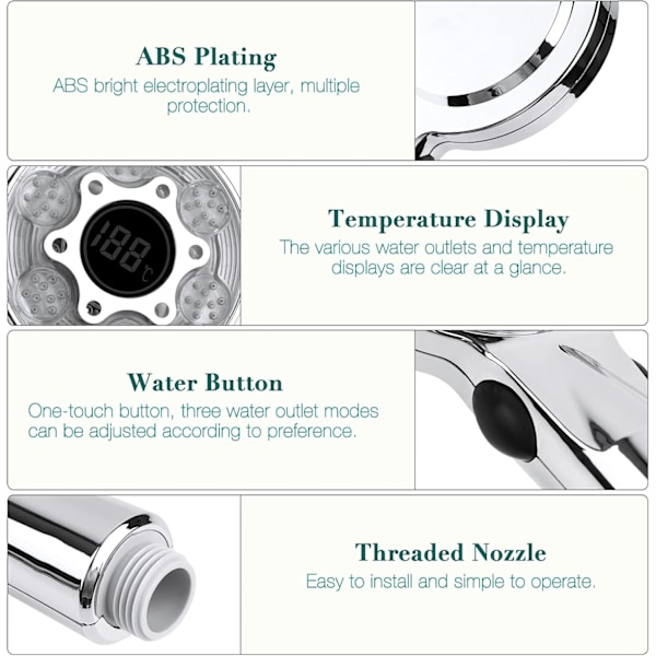 LED-duschhuvud, 3 färger Duschmunstycke med temperaturdisplay, Duschmunstycke Badrum, Duschhuvud Vattenbesparande,
