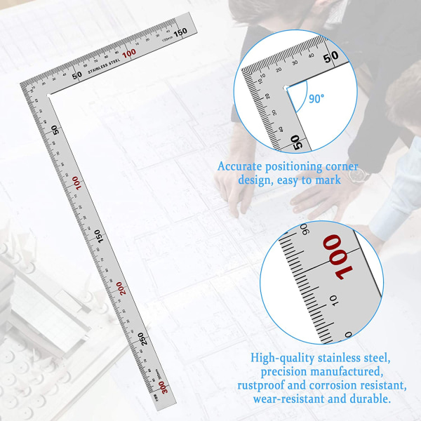 2 stk L-formet firkantet linjal, 90 graders metall dobbeltsidig linjal S