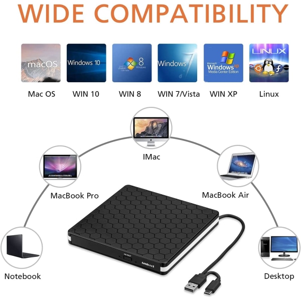 Eksternt DVD-drev, Amicool USB 3.0 Type-C CD DVD +/-RW optisk