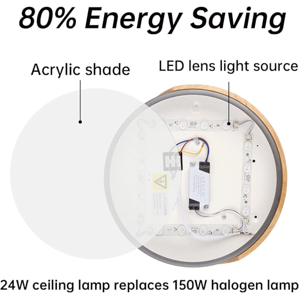 LED-taklampe i tre, rund LED-taklampe 24W 2400LM grå taklamper nøytral hvit 4500K moderne belysning innendørs taklampe taklampe