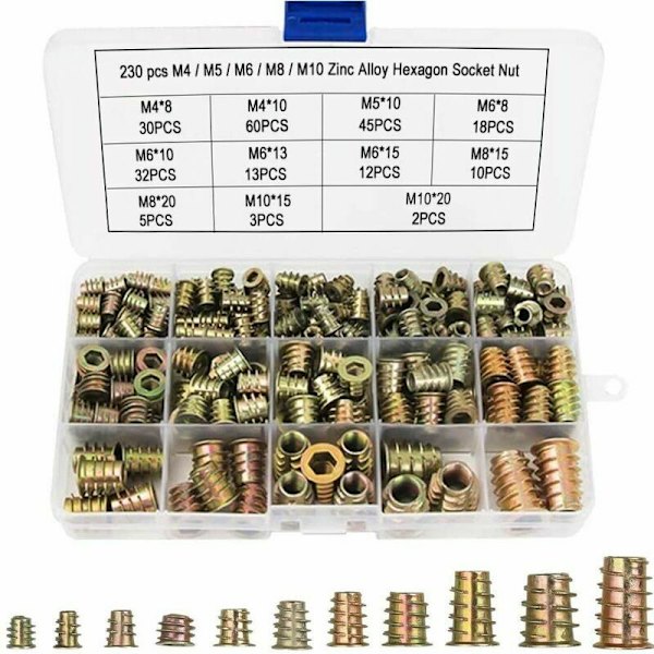 M4 M5 M6 M8 M10 Sekskantmuttere med gjengede innsatser, Sink-legering Sekskantede gjengede innsatsmuttere Innsatser,(230PCS)