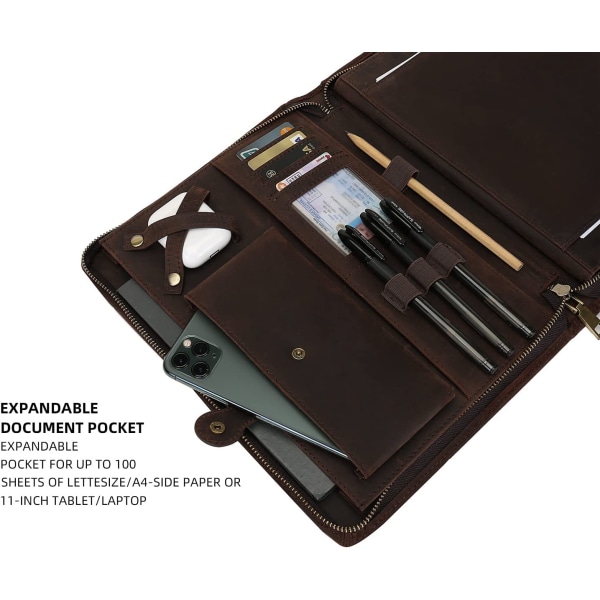 Leather Portfolio for iPad Pro 11 2021 3./2./1. generasjon med blyantholder, ekte skinn Business Notepad Legal Pad Notebook Portfolio med