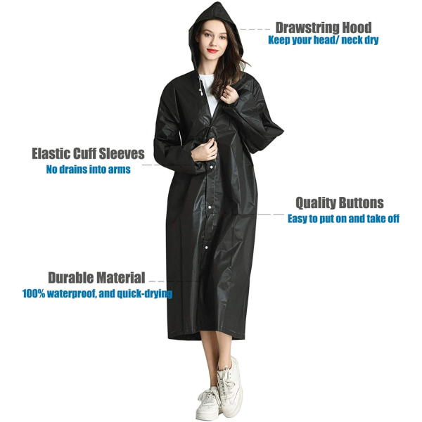 Bärbar EVA-regnrock återanvändbar poncho med huva och elastisk manschett B-black