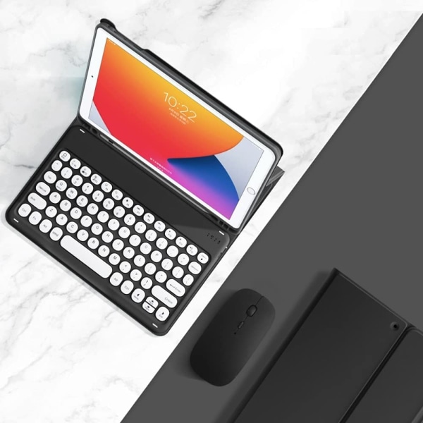 Tastaturetui med mus RGB-tastatur Retro runde tastaturhætter Sweet Candy Colors Aftagelig (iPad7/iPad8/iPad9/Air3/Pro10.5, Sort)