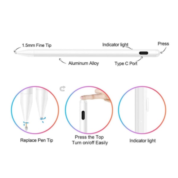 Active Stylus kompatibel med Apple iPad, Stylus-penne til berøringsskærme, genopladelig kapacitiv 1,5 mm finpunkt med iPhone iPad og andre tablets