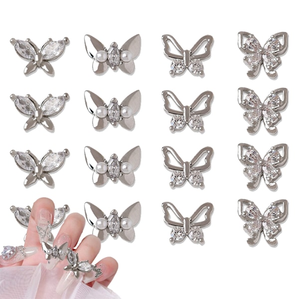 3D Silver Butterfly Nail Charms, 12pcs Alloy Butterfly Nail Art Charms Shiny Zircon Nail Rhinestones Crystal for Nails Decor Nail Art Nail Accessories