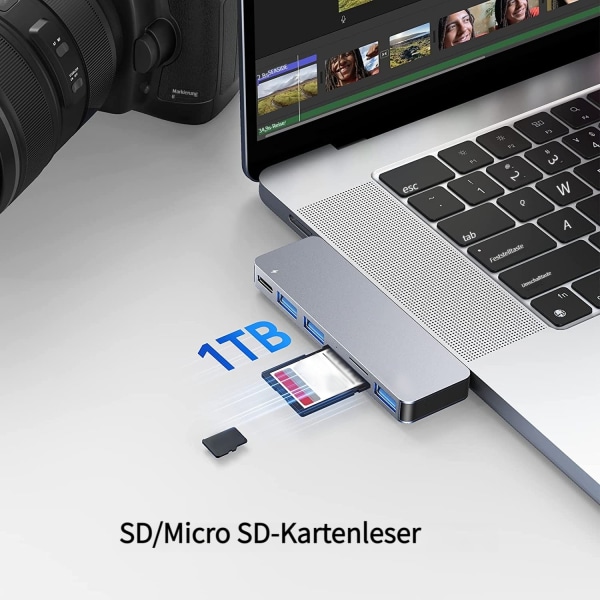 USB C Hub Adapter för MacBook Pro/Air 13\" 15\" 2022 2021 2020, RayCue 6 i 2 USB-C Tillbehör med 3 USB 3.0 Portar, TF/SD Kortläsare, USB-C Ström