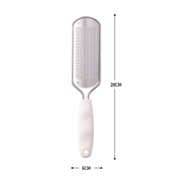 Stainless steel foot scrubber, removes dead skin and calluses.