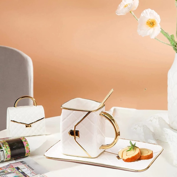 Håndtaskeformet kreativ keramisk krus med underkop porcelænsbakke