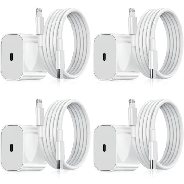 (Kampanjepris) iPhone-lader - Hurtiglader - Adapter + Kabel 20W USB-C Hvit 4-pakning iPhone