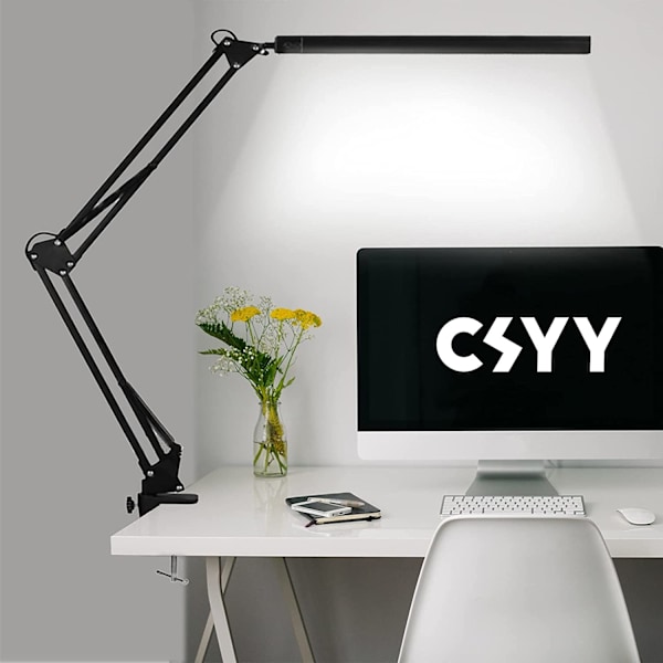 LED-skrivbordslampa, 12W hopfällbar bordslampa med klämma, 10 ljusstyrkor