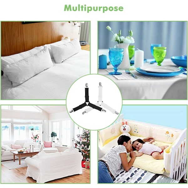 8PCS Fitted Sheet Tensioner, 3-veis justerbare trekantede stropper med klips for tunge laken, elastiske lakenholdere for madrassbeskyttelse og sofa