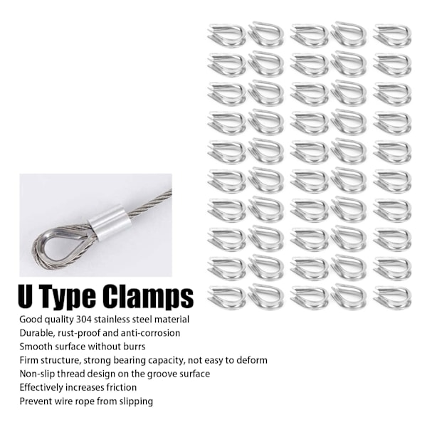 50 stk U-klemmer 304 rustfritt stål wire tau klips beskyttelse hjerte ring sett universell M4