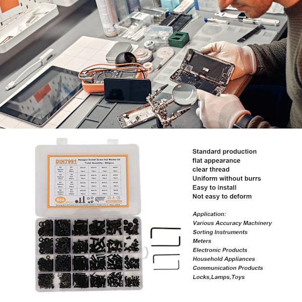 884 stk M2 M3 M4 M5 Karbonstål Hex Sokk Skrue Mutter Skive Sett med Oppbevaringsboks Svart