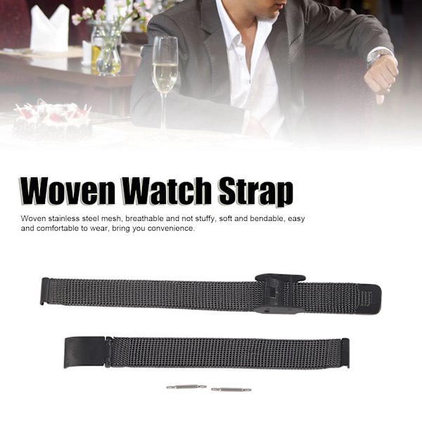 Mesh vävd rostfritt stål klockarmband män kvinnor justerbar ersättning klockarmband tillbehör svart 0,39 tum