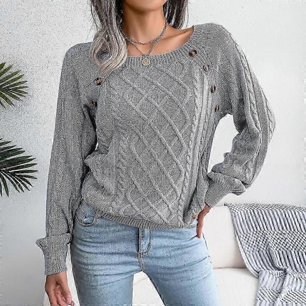 Dame Striktrøje Hyggelig Jumper Udsalg Dame Efterårstrøje Stilfuld Fast Pullover Rundhalset Trøje Jumper grey M