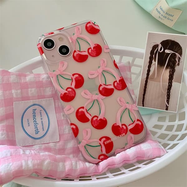 PC-compatible iPhone case, cute cherry bow aesthetic design, soft TPU slim - clear iPhone16plus