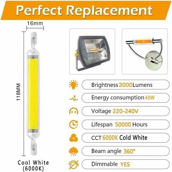 Ampoule LED R7S 118mm 40W Blanc Froid 6000K, 2000LM, Dimmable, 360 Degrés Linéaire Ampoule 40W R7S 118mm Slim COB LED pour Applique