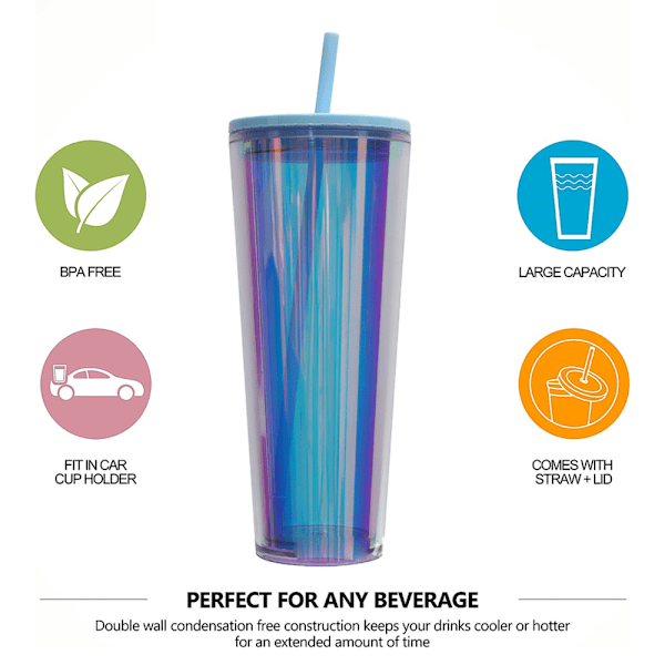 750ml dubbelväggig plast kallvattenkopp, dryckeskopp, transparent laserhalm vattenkopp med lock