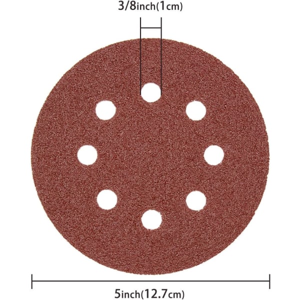 100 stk. skivesæt - 125mm 8 huller sandpapir 10 kvaliteter inkluderer