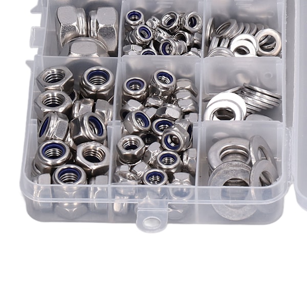 290 deler mutter- og skiveutvalg 304 rustfritt stål skiver nylon låsemuttere M4 M5 M6 M8 M10 M12