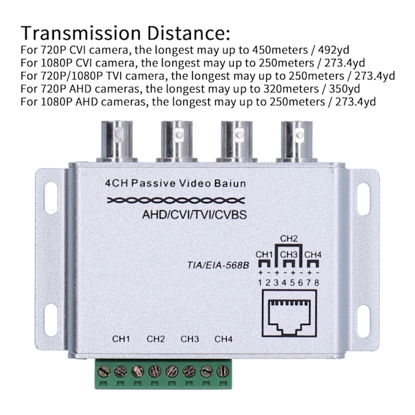 4CH AHD/CVI/TVI/CVBS Passiv Video Twisted Pair Transceiver 720P 1080P HD BNC RJ45 UTP Konverter till Balanserad Signal Balun