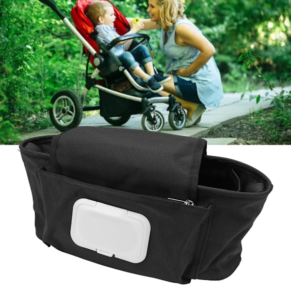 Svart Baby Stroller Bag Universal Fit Stor Kapasitet Stroller Tilbehør Bag med Koppholder og Justerbar Rem