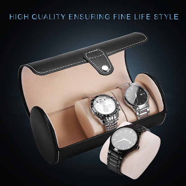 3 Gitter Cylinder Ur Rulleholder Ur Display Etui Smykker Gave Opbevaringsboks (Sort)