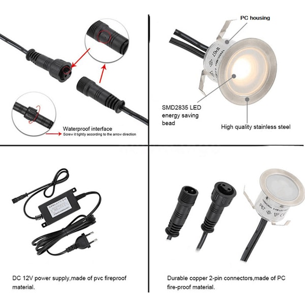 10-pack LED-spotlampa Mini Ø18mm Rostfritt Stål Infälld Belysning för Terrass Inbyggd Taklampa, IP67 Vattentät DC12V Utomhuslampa för Stig