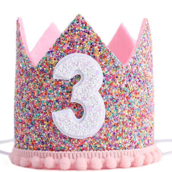 Regnbuekrone for bursdagsfest, glitter bursdagskrone, bursdagshatter for barn, party hårtilbehør for barn i alderen 1-5