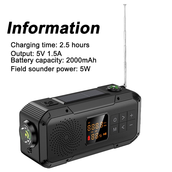 Nödväderradio - Bärbar powerbank med solladdning, vev och batteridrift