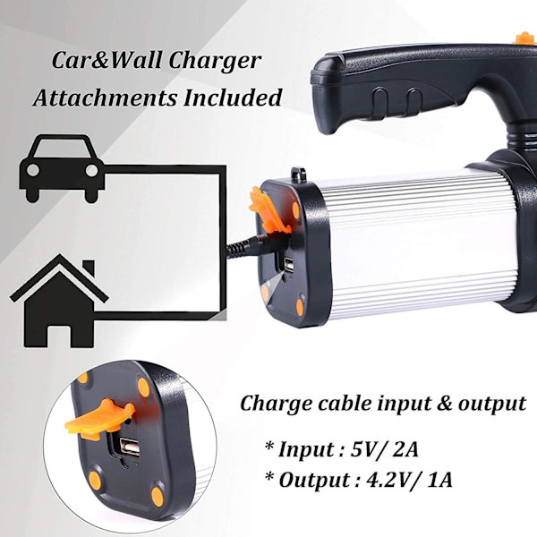 LED-ficklampa 7000 lumen, uppladdningsbar, vattentät IPX4, bärbar campinglampa 9000 mAh, campinglampa, bärbar strålkastare (silver)