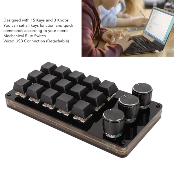 Mini tilpasset tastatur 15 taster 3 knotter programmerbar blå bryter Hot Swappable programmering makro tastatur for dataspill