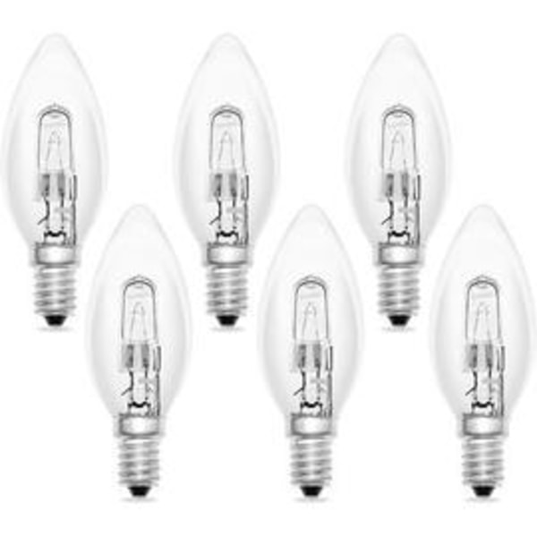 Set med 6 glödlampor E14 60w 230v, E14 låga, varmvit 2700k, 650lm, dimbar, C35 transparent, för ljuskrona och skrivbordslampa