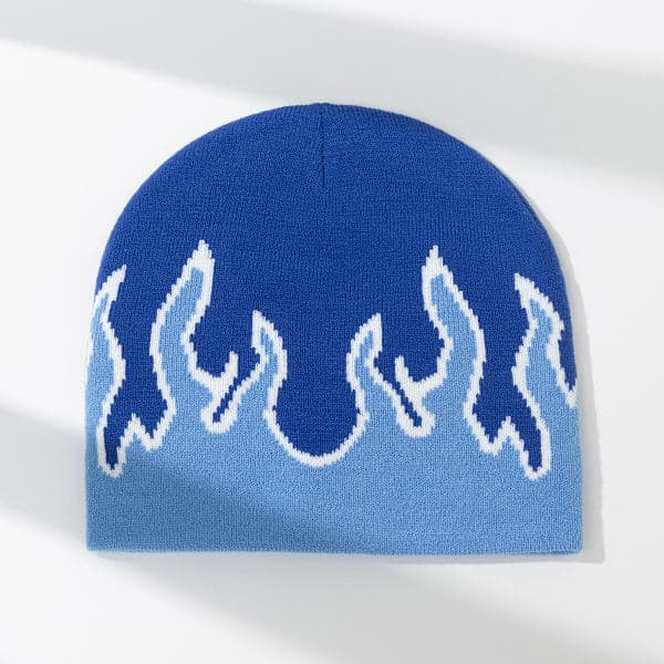 Thick Warm Earmuff Beanie Men Winter Flame Pattern Riding Knitted Hat Grey Black grey Black