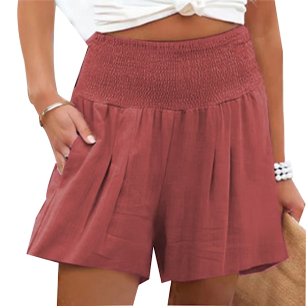 Sommarshorts för kvinnor, avslappnade träningsshorts med resår i midjan och rynkade detaljer, ficka för löpning, fitness, tegelröd M