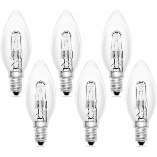 Sæt med 6 glødepærer E14 60w 230v, E14 flamme, varm hvid 2700k, 650lm, dæmpbar, C35 transparent, til lysekrone og bordlampe