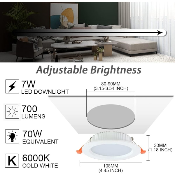 Ekstra fladt sort LED indbygget spotlight, BAGZY 7W dæmpbar 220-240V pakke med 5, 700LM = 70W lyspære, IP44, kølig hvid 6000K, udskæring 80-90mm, rund