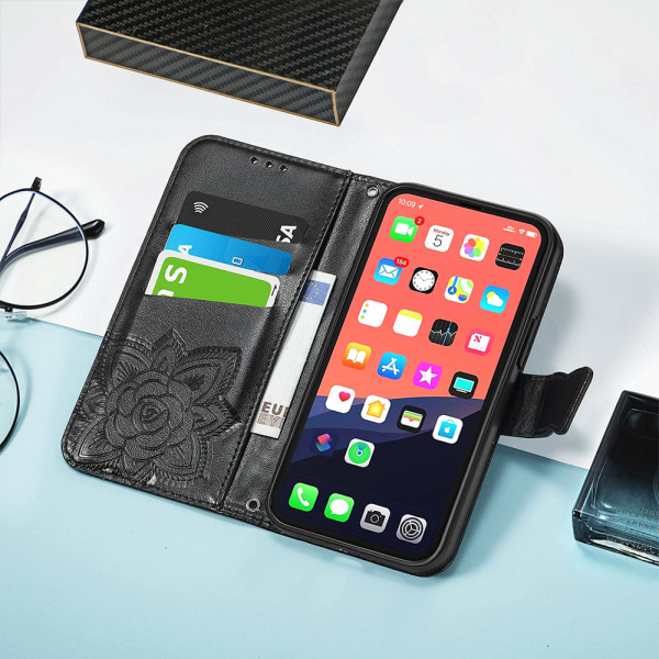 PU Läder Stativ Korthållare Strap Flip Cover för iPhone 14