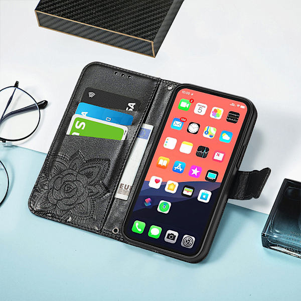 PU Læder Stativ Kortholder Strap Flip Cover til iPhone 14